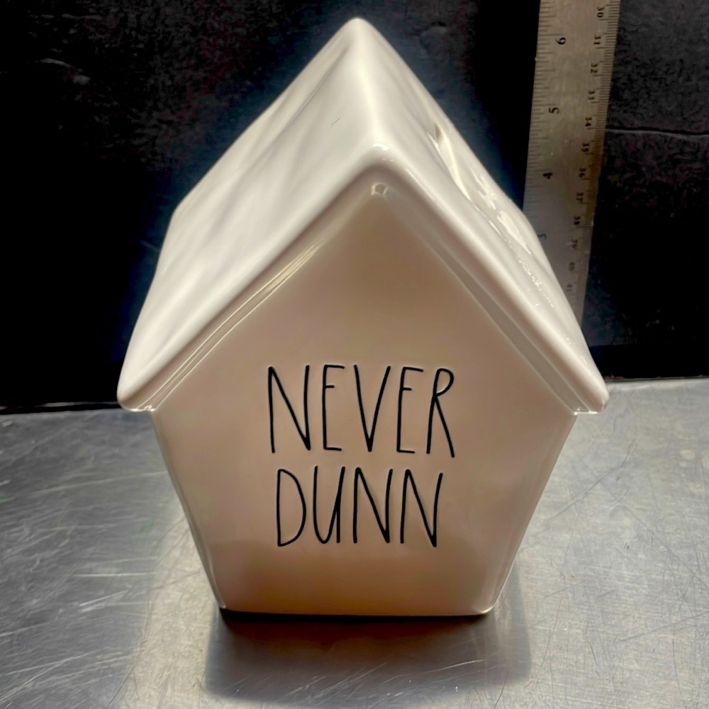 Rae Dunn  bird house coin bank with saying never done